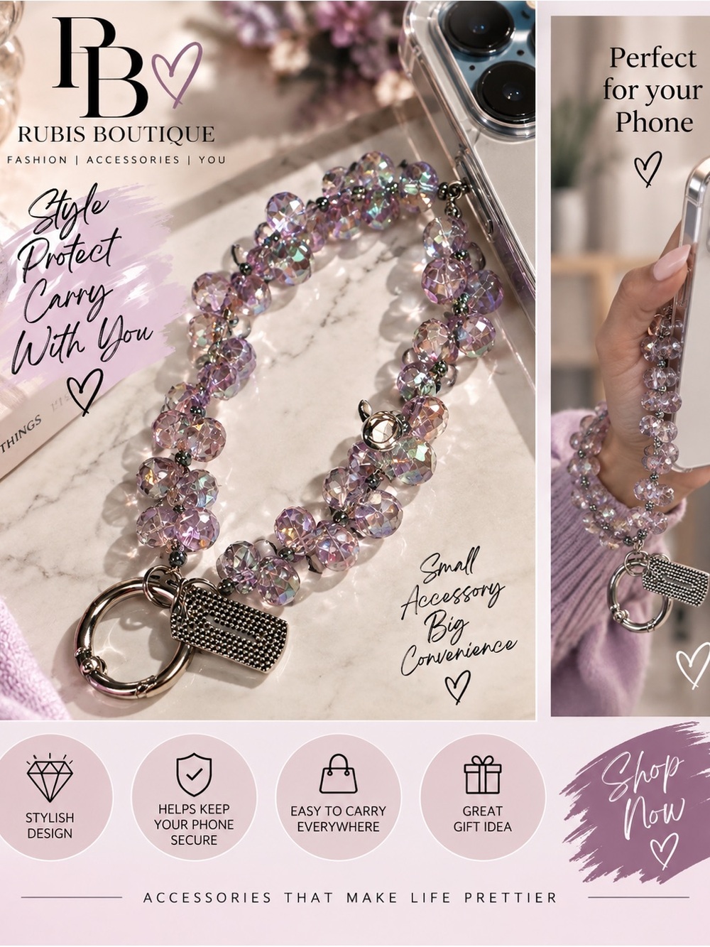 Iridescent Purple Beaded Phone Wrist Strap